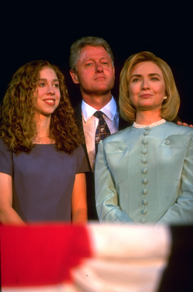 Chelsea Clinton, then 16, with her parents during President Bill Clinton's re-election campaign in 1996. The Clintons took a whistle stop train trip enroute to the Democratic National Convention in Chicago.