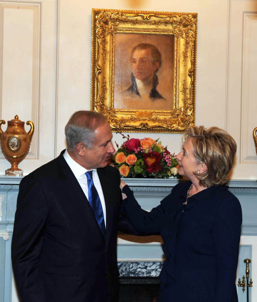 After meeting and dining yesterday with Israeli Prime Minister Benjamin Netanyahu, shown above, Secretary Clinton devotes herself to humanitarian issues this morning.