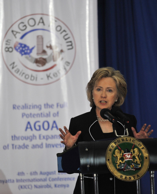Clinton addresses the eighth Forum of the African Growth and Opportunity Act (AGOA) in Nairobi, Kenya, on Aug. 5. The AGOA is a forum of some 40 African countries that enjoy trade preferences in the giant U.S. market on the condition that they uphold free elections and markets. Clinton will seek to build ties with three African powers -- Kenya, Nigeria, and South Africa -- and show support for three countries recovering from conflict -- Angola, the Democratic Republic of the Congo, and Liberia -- while also stopping in small U.S. ally Cape Verde.